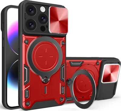 Produktbild von Handyhülle für iPhone 16 Pro Dual-Layer Stoßfest Rüstung Hülle mit Dia Kameraschutz und Kreisförmig Ring Ständer Rot