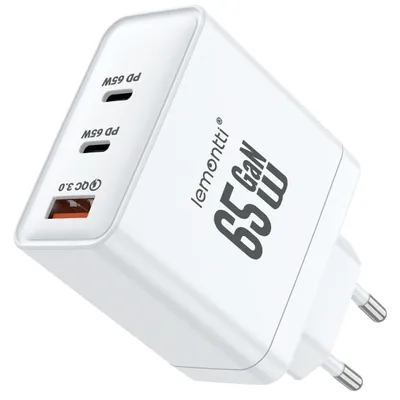 Produktbild von Lemontti Netzwerkladegerät GaN 2x Typ-C und 1x USB-A, 65W, Schnellladung, EU-Stecker, Weiß