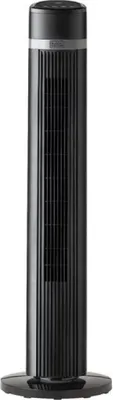 A black and silver tower fan is shown against a white background.