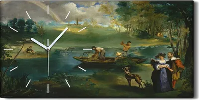 Produktbild von Dekor Leinwand Uhr Wandbilder 60x30 Malerei Wald Bäume Dorfbewohner Boot Fluss - weiße Hände
