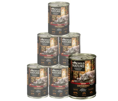 Produktbild von Dehner Wild Nature Katzenfutter Unterholz, Nassfutter getreidefrei / zuckerfrei, für ältere Katzen, Wildschwein, 6 x 400 g Dose, (2.4 kg)