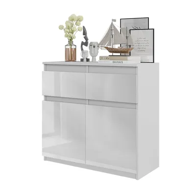 Zdjęcie produktu dla FURNICA - NOAH - Komoda / kredens z 2 szufladami i 2 drzwiczkami - Biały mat / Biały połysk wys. 75cm szer. 80cm gł. 35cm