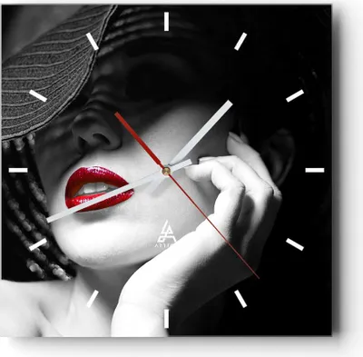 Produktbild von Wanduhr - Quadrat - Glasuhr - Frau Gesicht Lippen - 40x40cm - Schleichendes Uhrwerk - Lautlos - zum Aufhängen bereit - Dekoration Modern - Wanddekoration aus Glas - C3AC40x40-3618