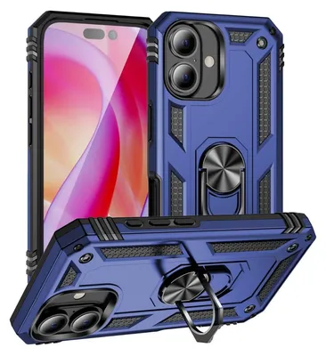 A blue iPhone case with a ring holder is displayed from multiple angles.
