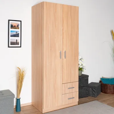 Produktbild von Kleiderschrank | 2 Drehtüren | 2 Schubladen | 5 Fächer | mit Kleiderstange | 80 cm breit | Farbe: Sonoma Eiche
