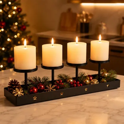 Metall-Adventskranz, schwarz, für 4 Stumpenkerzen, 42x12 cm