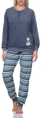 Produktbild von Damen Frottee Pyjama Hose gestreift - süsses Tiermotiv Faultier Katze - auch in Übergröße ; blau-mel. , 44