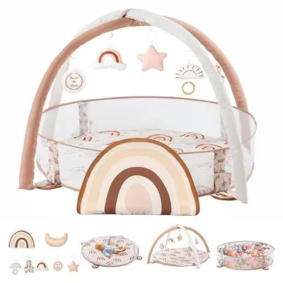 Imagen del producto de Arco de juego para bebés con alfombra de juego y piscina de pelotas. Centro de juego combinado para bebés, con tarjetas de hitos para el desarrollo sensorial y motor. Pelotas no incluidas