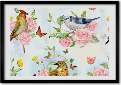 Produktbild von Bild - Bilder - Bilderrahmen - 70 cm x 50 cm - MDF-Rahmen, Wandkunst Vögel und Rosen