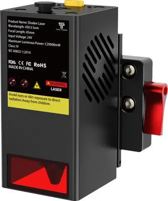 A black laser module with a red adjustment lever is shown against a white background.