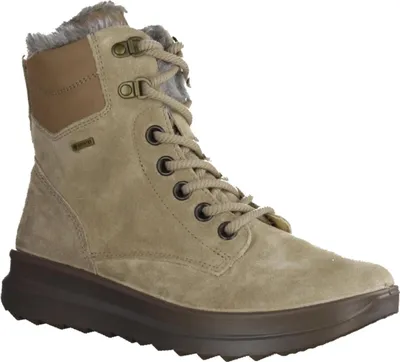 A single tan boot with a brown sole and gray fur lining, isolated on a white background.