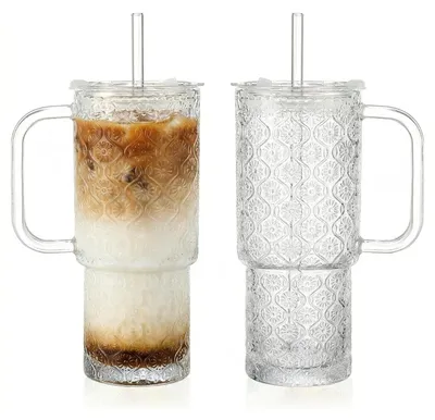 Gläserbecher 590 ml mit Deckel und Strohhalm, Set aus 2