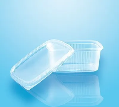 Two clear plastic food containers with lids, one closed and one open, are shown against a gradient blue background.