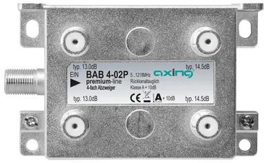 Produktbild von Axing BAB 4-02P, Kabelsplitter, 5 - 1218 MHz, Grau, A, 14,5 dB, F