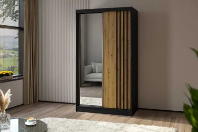 Produktbild von AGMAT Schwebetürenschrank Lugo, Kleiderschrank mit 2 Türen und Spiegel, Moderne Garderobe in Farbe: Schwarz / Artisan, Schrank in Größe: 120 x 216 x 61 cm