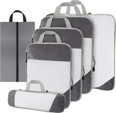 Produktbild von Kompressions-Packwürfel Set 6-teilig – packing cubes mit Kompression für Koffer und Rucksack – Grau – Thousandtravelmiles