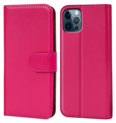 A pink book-style phone case for an iPhone 12/12 Pro is shown open and closed.