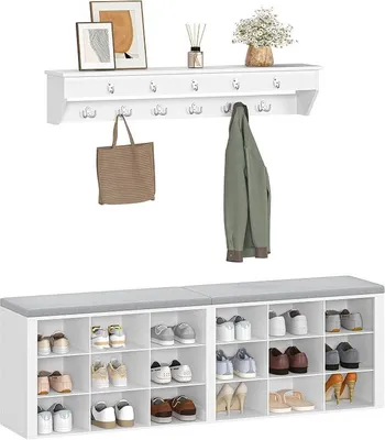 Imagen del producto de Armario con banco integrado, zapatero con 18 compartimentos, color blanco y gris