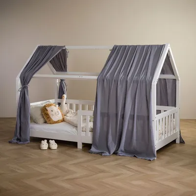 Produktbild von Hausbett Himmel NENA im 2er Set in grau - Betthimmel aus 100% Baumwolle, Baldachin Musselin zweilagig, Bettvorhang für Kinder, Hausbett Deko