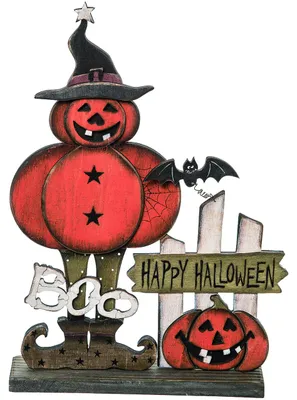 Produktbild von Happy Halloween Kürbisfigur mit Hexenhut als Aufsteller 33 cm