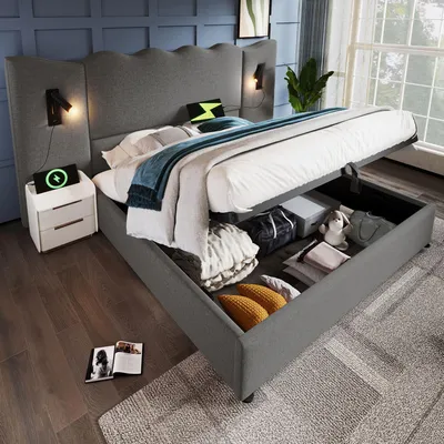 Produktbild von Polsterbett Doppelbett 180×200cm mit Leselampe und USB Type-C Ladefunktion, Stauraumbett Bettgestell mit Lattenrost aus Massivholz , Grau, Leinen