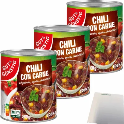 Produktbild von Gut & Günstig Chili con Carne mit pikantem Schweinefleisch Bohnen Tomaten und Mais 3er Pack (3x800g Dose) + usy Block