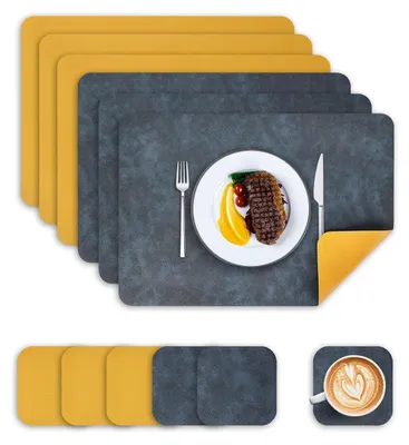 Image de Sets de table lavables, imitation cuir, lot de 6 avec sous-verres, bleu et jaune, 43x30 cm, résistants à la chaleur