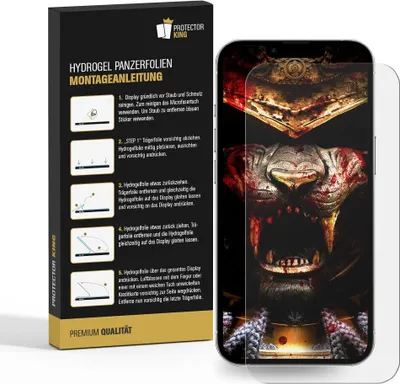 A product packaging box with installation instructions for a hydrogel screen protector, next to a smartphone with the screen protector applied.