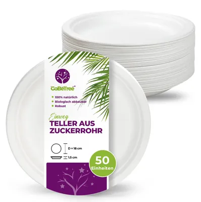 Produktbild von Einwegteller - Rund aus Zuckerrohr - Für Frühstück und Mahlzeiten - 50 Stück Ø 18 cm