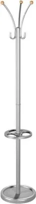 A silver metal coat rack with gold accents is shown against a white background.