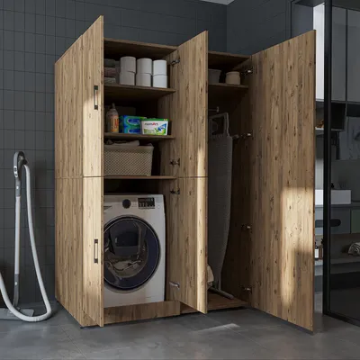 Image de Armoire de rangement pour lave-linge Roomart DORA-II, 130 cm de large, chêne