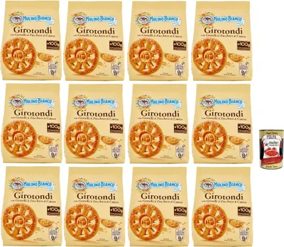 Produktbild von Mulino Bianco Girotondi Biscotti con Granelli di Zucchero di Canna, Kekse mit Zuckerzuckerkörnern, Ohne Palmöl, Frühstück voller Geschmack, buscits cookies 12x 800 g + Italian Gourmet polpa 400 g