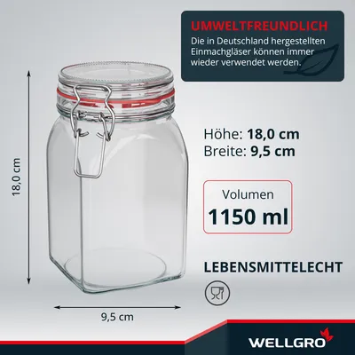 Produktbild von WELLGRO Einmachgläser mit Bügelverschluss eckig 1150ml - Glas