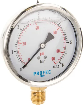 Produktbild von Profec Manometer 0 - 6 bar, Glyzeringefüllt, Ø 100 mm, 1/2 Zoll Anschluss nach unten Radial