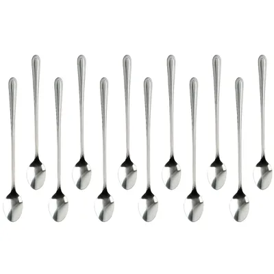 A set of 12 long, elegant cocktail spoons arranged in a row against a white background.