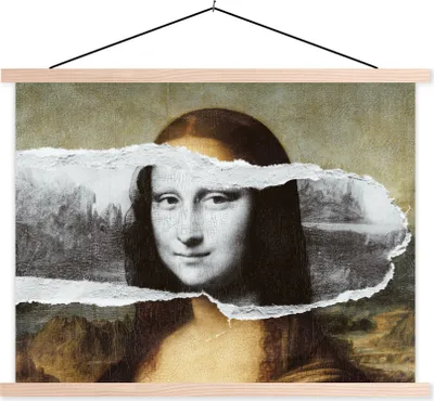 Produktbild von MuchoWow® Textilposter Mona Lisa - Da Vinci - Schwarz - Weiß 120x90 cm mit holzfarbenen Rahmen - Magnetisch