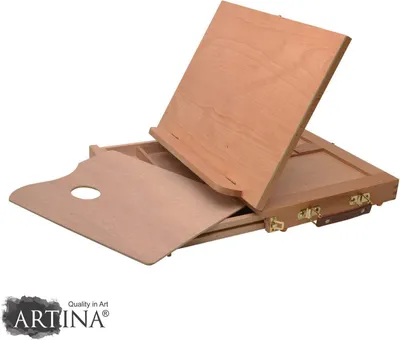 Produktbild von Artina Tischstaffelei Malkoffer Calais Buche – Zeichenbrett & Buchstütze – Verstellbarer Neigungswinkel, Mischpalette (ca. 27x21 cm Buchenholz mit Griffloch), Aufbewahrungsfach, Tragegriff, 4 Gummifüße, 2 Verschlüsse – ca. 33x26x7 cm (zusammengeklappt), 1.5 kg – Für Aquarell-, Kreide-, Pastell-, Kohle- & Skizzenmalerei