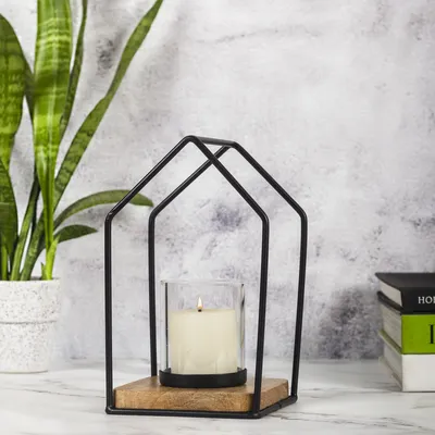 Produktbild von MARRAKESCH Teelichthalter Lichthaus 21cm groß aus Metall Holz und Glas Windlicht Boie als Tischdeko