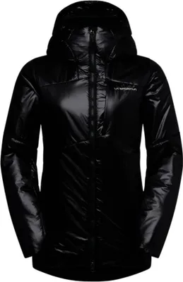 Schwarze La Sportiva Supercouloir Primaloft Jacke für Damen mit Kapuze und durchgehendem Reißverschluss