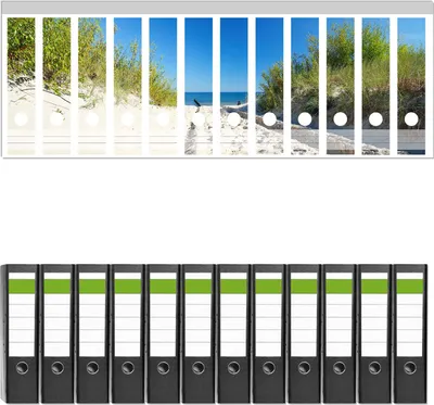 Produktbild von Wallario 12 Stück breite Ordner inkl. Klebeetiketten mit Motive Auf dem Sandweg zum Strand - Blauer Himmel über dem Meer -  Set mit Rückenschildern / Ordnerrücken Stickern