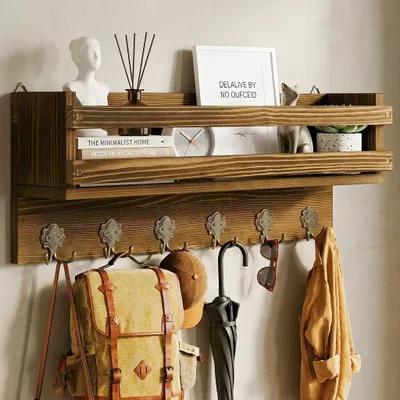 Wandkapstok mit 6 Haken & Ablage, 58 cm, Naturholz, rustikal