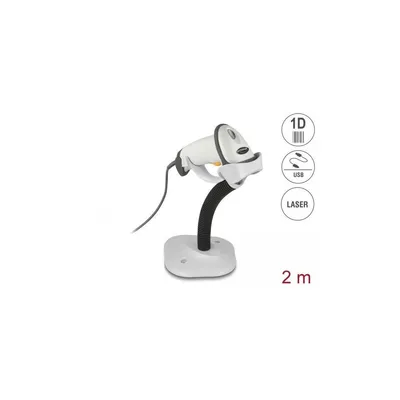 Produktbild von DeLOCK USB Barcode Scanner 1D mit Anschlusskabel und Halterung - Laser - hellgrau, Tragbares Barcodelesegerät, 1D, Laser, Code 128, EAN-13, EAN-8, ISBN, Interleaved 2 of 5, 640 x 480 Pixel, 200 Auslesungen/Sekunde