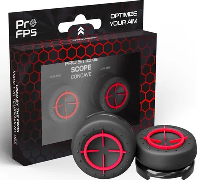 A product box for ProFPS Scope Concave thumbstick attachments, with two thumbsticks visible in the foreground.