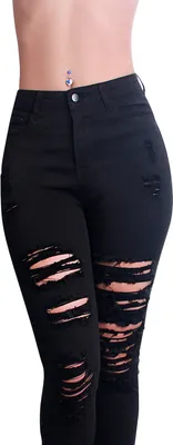 Produktbild von topschuhe24 2262 Damen Skinny Jeans Hose High Waist Destroyed, Farbe:Schwarz, Größe:42 EU