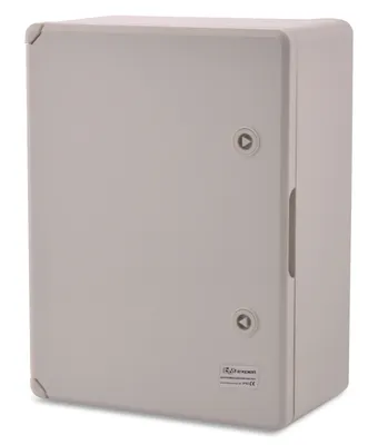 A light gray electrical enclosure box is shown against a white background.