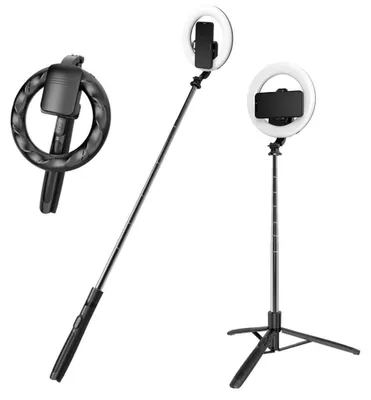 Produktbild von Techsuit - Selfie-Stick (Q05s) Selfie-Stick mit stabilem Stativ, Bluetooth-Fernbedienung, ringförmigem LED-Licht, Edelstahl, 170 cm – schwarz