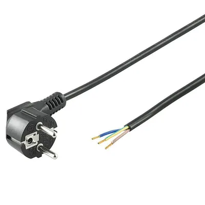 A black power cord with a European plug on one end and exposed wires on the other, isolated on a white background.