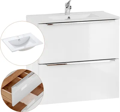 A white high-gloss bathroom vanity with a ceramic sink and faucet. Inset images show a close-up of the sink and an open drawer.