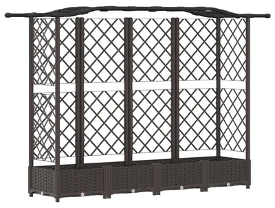 Zdjęcie produktu dla vidaXL Podwyższona grządka z kratką do pnączy i daszkiem, brązowa, 203,5 x 40 x 123 cm, PP