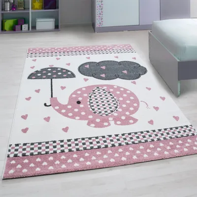 Kinderzimmerteppich, niedrigflorig, Elefanten, 120x170 cm, rosa